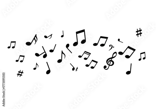 Musical notes and symbols scattered across a white background representing melody and rhythm.