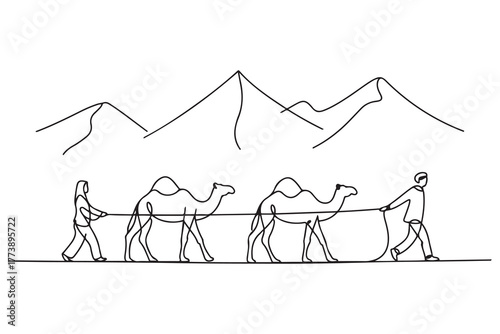 Single one-line drawing people pulling camels in the desert. Islamic new year concept. one line Icon drawing with white background