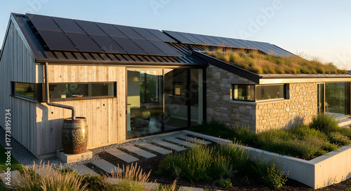 Modern Eco-Friendly House with Solar Panels and Green Roof | Sustainable Architecture for Renewable Energy and Environmental Design Marketing