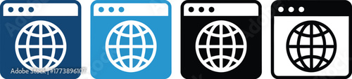 A diverse set of vector icons depicting web browser windows with a stylized wireframe globe, representing global internet connectivity and worldwide digital communication
