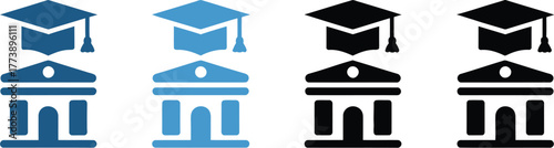 Educational institution building with graduation cap icons, representing academic learning and university concepts