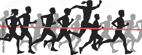 Silhouette of runners crossing the finish line in a race competition, sporting achievement, victory