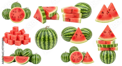 Watermelon fruit slices and whole isolated on a transparent background