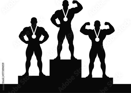 Iconic black silhouette of three triumphant male bodybuilders on a medal podium, symbolizing athletic achievement, strength, and competitive success