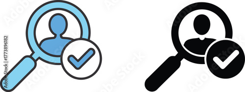 User profile search and verification icon, depicting a magnifying glass examining a person with a checkmark. Suitable for HR, recruitment, or secure digital identity management