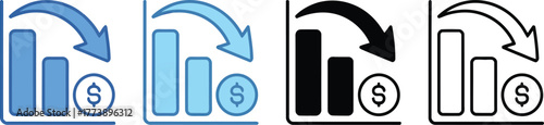 Financial Decline Dollar Downward Trend Icons Illustrating Economic Loss, Market Downturn, and Investment Risk