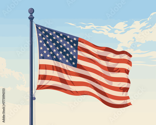 Waving American Flag Illustration Against Blue Sky, Symbolizing Patriotism and National Pride, Perfect for Cultural, Historical, and Celebratory Themes