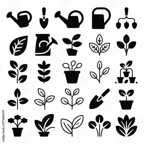 Collection of black and white icons representing gardening tools and plants