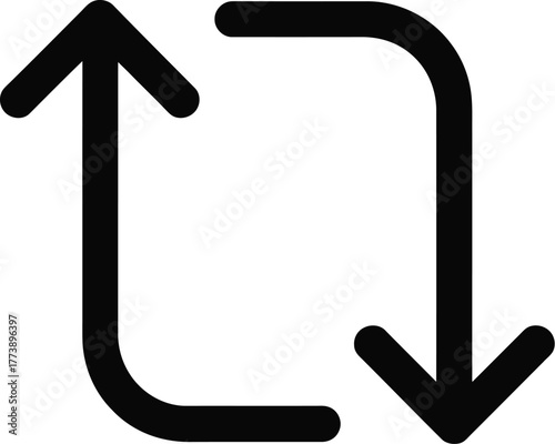 Minimalist icon with two arrows creating a rounded square loop. An upward arrow and a downward arrow symbolize the concepts of refresh, repeat, cycle, and exchange