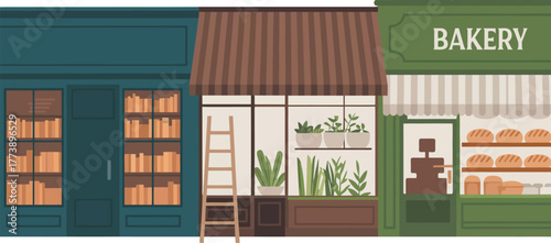 Illustration of a charming city street with a row of small local business storefronts including a bakery, bookstore, and plant shop