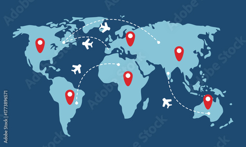 World Map with Airplane Travel Routes