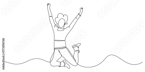 Happy jumping girl continuous single line art vector illustration,1