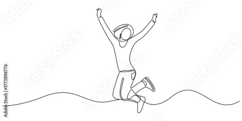 Happy jumping girl continuous single line art vector illustration,1