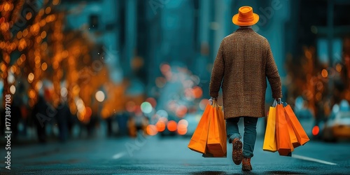 A stylish young man walking through a shopping district holding