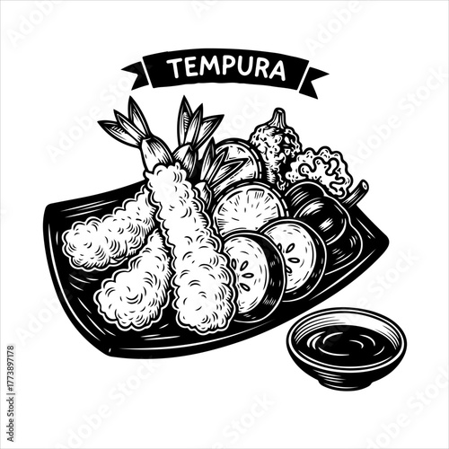 A vintage-style black and white illustration of a Japanese tempura platter with shrimp, vegetables, and dipping sauce.