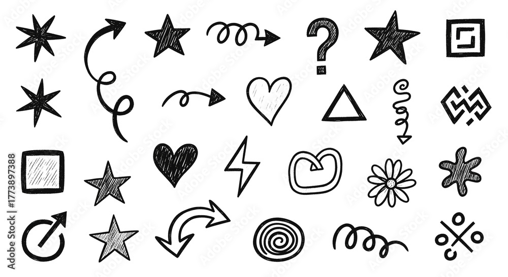 Fototapeta premium A large collection of various hand drawn vector doodle design elements including stars, arrows, hearts, symbols, shapes, question mark, and swirls for graphic decoration.