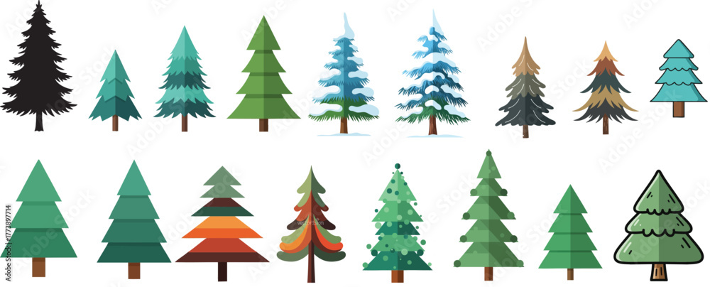Obraz premium Flat Vector Pine Trees Collection – Modern Minimalist Evergreen Forest Icons