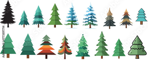 Flat Vector Pine Trees Collection – Modern Minimalist Evergreen Forest Icons
