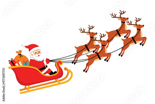 Santa claus riding in his festive red sleigh pulled by five flying reindeer delivering presents during christmas holidays.
