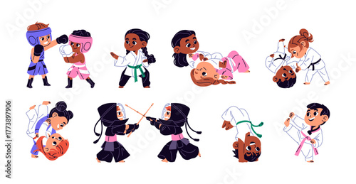 Martial arts for kids set. Cute children do fight: boxing, judo, karate, kung fu and taekwondo. Little girls and boys in kimonos are training. Flat isolated vector illustrations on white background