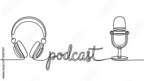 Minimalist line art of podcast equipment and word