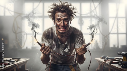 Comical young man with burnt dirty face and messy hair holding smoking electric cable, looking shocked and sad, front view portrait, bright background