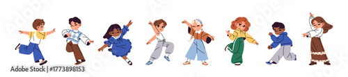Cute dancing children set. Happy kids perform with hip hop. Funny little dancers move with music. Child performers have fun at the party. Flat isolated vector illustrations on white background