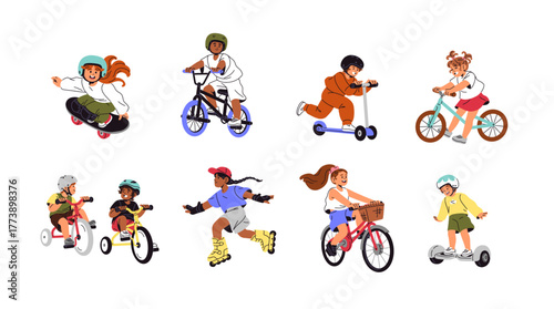 Kids riding bikes, scooters, roller skates and skateboards set. Happy children in helmets are cycling. Cute little rider with bicycles, boards. Flat isolated vector illustration on white background