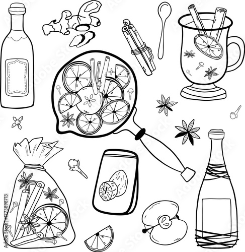 Line art set featuring everything needed to male mulled wine. Collection pan with citrus slices, spices, mugs with hot wine, bottles, spice bag, cinnamon sticks, cloves. Recipe vector illustration.