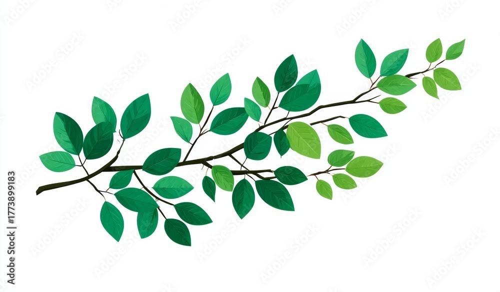 Obraz premium Illustration of a Lush Tree Branch with Vibrant Green Leaves Isolated on White, Representing Growth and Natural Beauty, Nature Inspired Art.