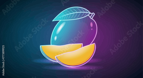 Glowing mango illustration against a backdrop of dark blue and purple hues