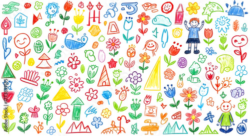Crayon drawing abstract seamless pattern background texture made up of colorful flowers smiley faces and children sketches in kid style artwork