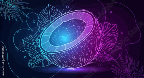 Neon coconut halves with tropical foliage in glowing gradient hues