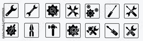 Collection of flat vector icons representing essential tools for repair, service, and maintenance.
