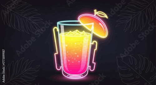 Neon illustration of a mango smoothie drink with tropical leaf outlines
