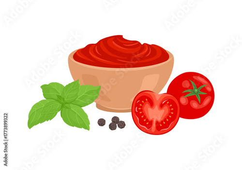 Ketchup in bowl isolated on white background. Tomato sauce with spices. Vector cartoon flat illustration. Food icon
