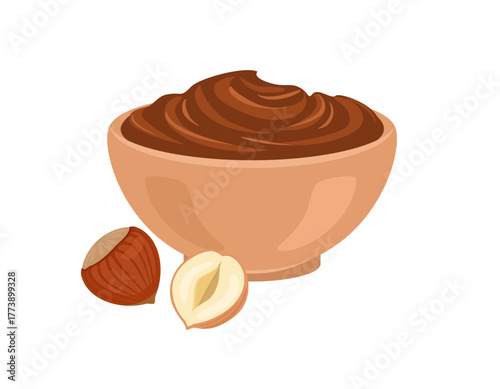 Hazelnut cream in bowl and nuts isolated on white background. Vector cartoon flat illustration. Food icon