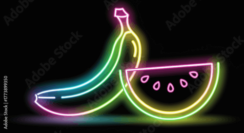 Vibrant neon glow outlines a banana and watermelon slice against black background