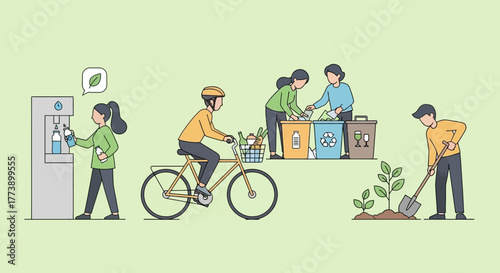 Eco friendly lifestyle vector illustration, people doing sustainable activities like recycling, cycling, planting trees, and reusing bottles, flat minimal style