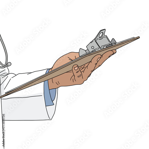 A doctor's hand in a white coat holding a clipboard with a stethoscope around their neck.
