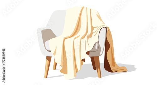 An inviting illustration of a modern white armchair draped with a soft beige blanket, creating a cozy and comfortable atmosphere against a clean white background.
