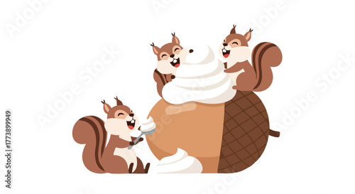 A whimsical illustration features three cheerful squirrels enjoying a large acorn topped with whipped cream, creating a delightful and playful scene with a lighthearted feel on white.