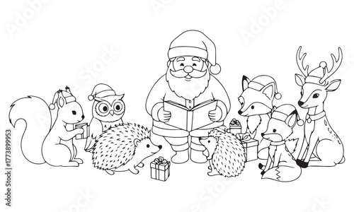 Santa reading to forest animals and reindeer claus book