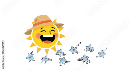 A cheerful, cartoon sun wearing a straw hat laughs while several animated stars with sleepy expressions lay scattered on a white background, suggesting a fun, summer-themed illustration.
