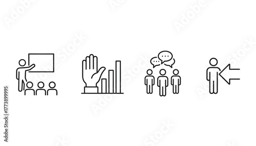4 business icons, black and white line style, presentation, data engagement, group discussion, individual focus, vector illustration, editable stroke, professional concept