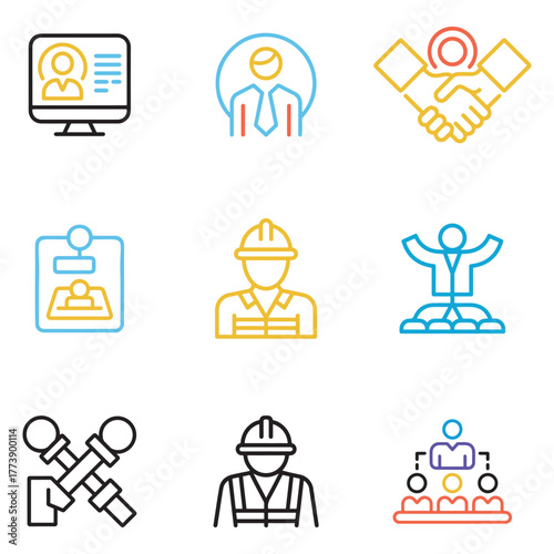 Modern human resources icons collection featuring diverse employee silhouettes and business concepts
