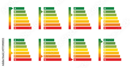 Set of energy efficiency rating app icons with arrows. Energy efficiency rating indicator from highest to lowest. Vector illustration