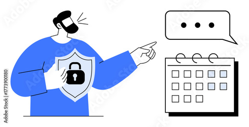 Person addresses cybersecurity topics, holding a shield with lock design while pointing to a calendar with dates. Ideal for data protection, safety planning, scheduling, communication, planning