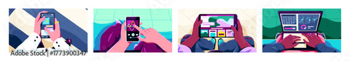 People hold devices top view set. Human hands with phones, computers, tablets. Characters listen to music, texting with smartphone, work at laptop, scroll social networks. Flat vector illustrations