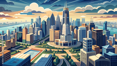 Very beautiful aerial view over Chicago, Illinois, USA, on a cloudy day, showing the city’s skyline, tall skyscrapers, Lake Michigan, and urban grid streets under soft diffused light.